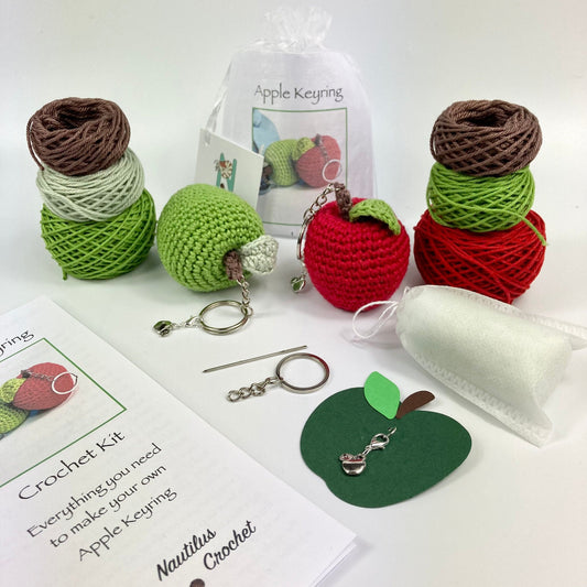 Apple Keyring Crochet Kit. Crochet Apples.  Fun, Simple Crochet Kits with Luxury Yarns, Cute Silver Apple Stitch Marker & accessories.