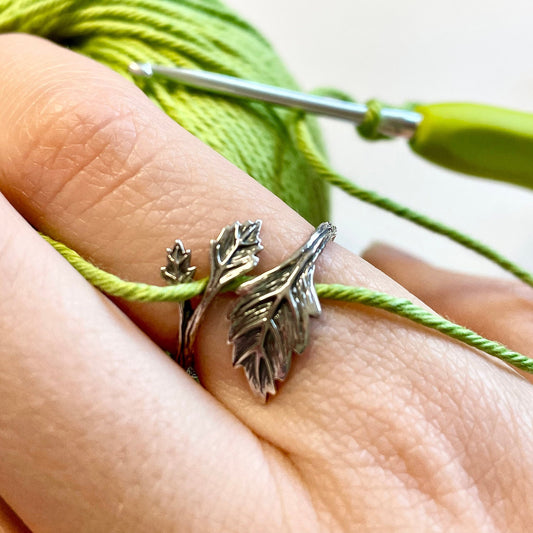 Leaf Crochet Ring. Handmade in Recycled Silver. Beautifully detailed leaves in a wrap cuff ring. Adjustable for crochet tension.