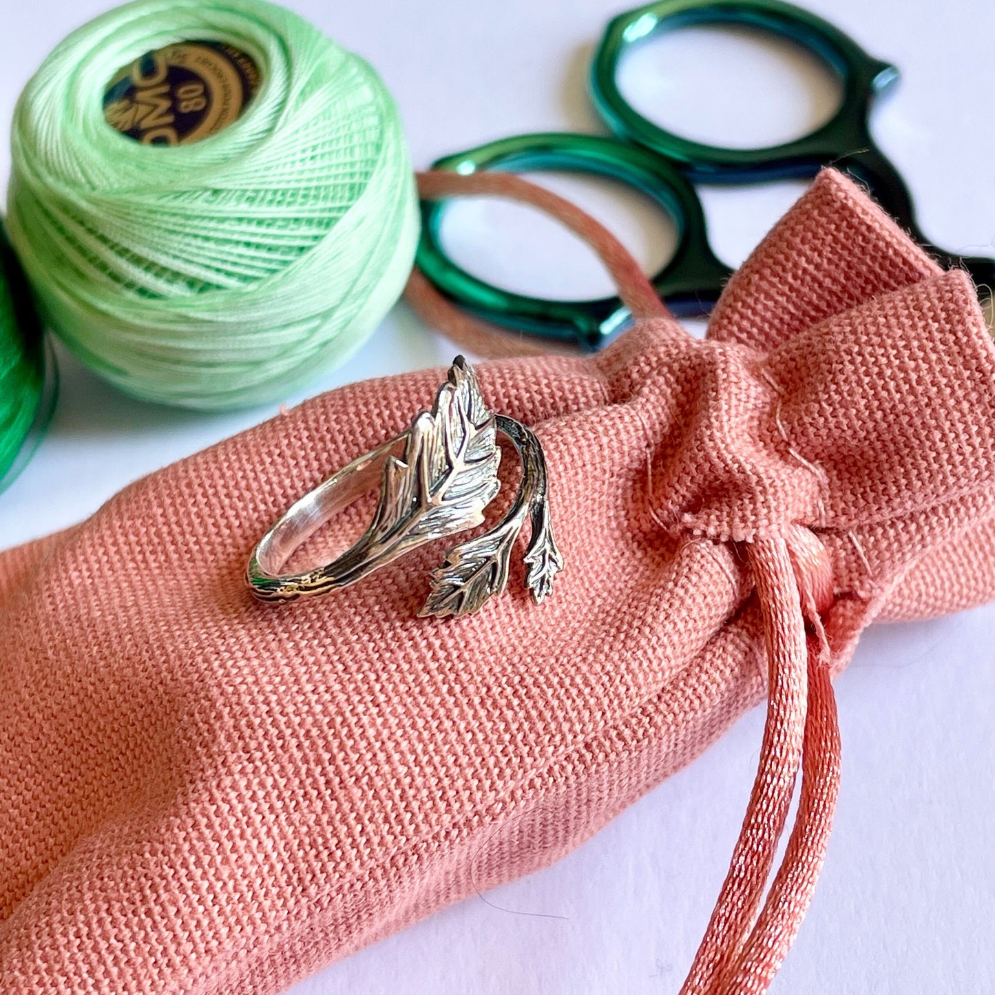 Leaf Crochet Ring. Handmade in Recycled Silver. Beautifully detailed leaves in a wrap cuff ring. Adjustable for crochet tension.