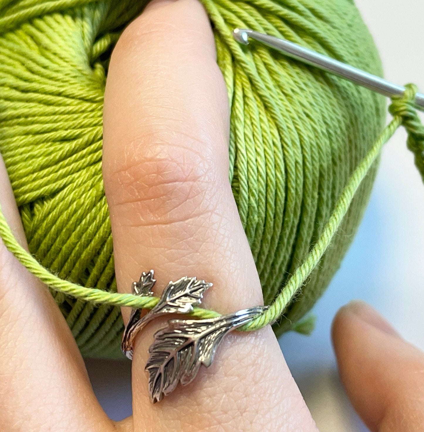 Leaf Crochet Ring. Handmade in Recycled Silver. Beautifully detailed leaves in a wrap cuff ring. Adjustable for crochet tension.