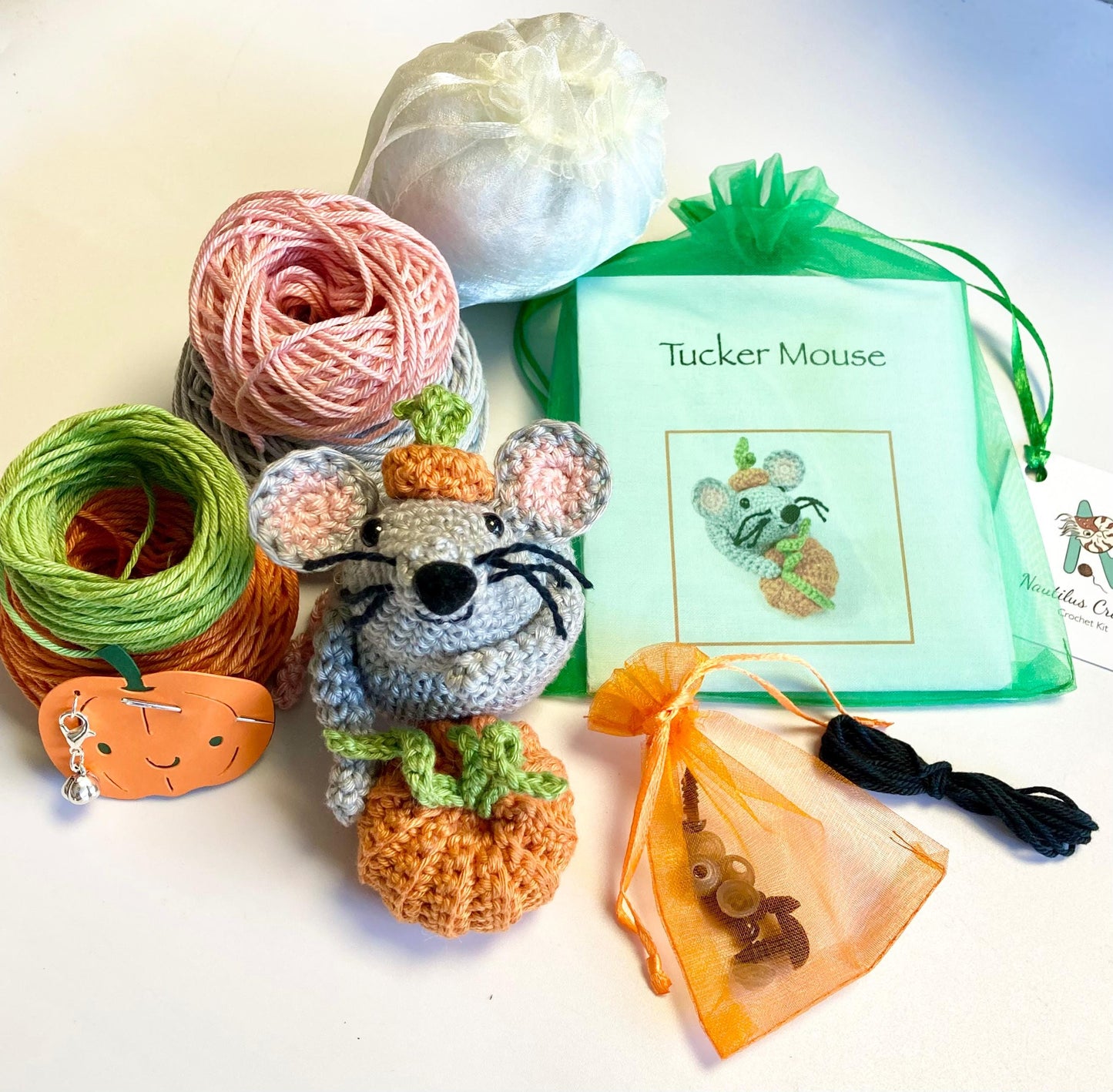 Halloween Mouse & Pumpkin Crochet Kit. Meet 'Tucker'! Complete Kit with luxury natural yarns, cute pumpkin stitch marker, accessories.