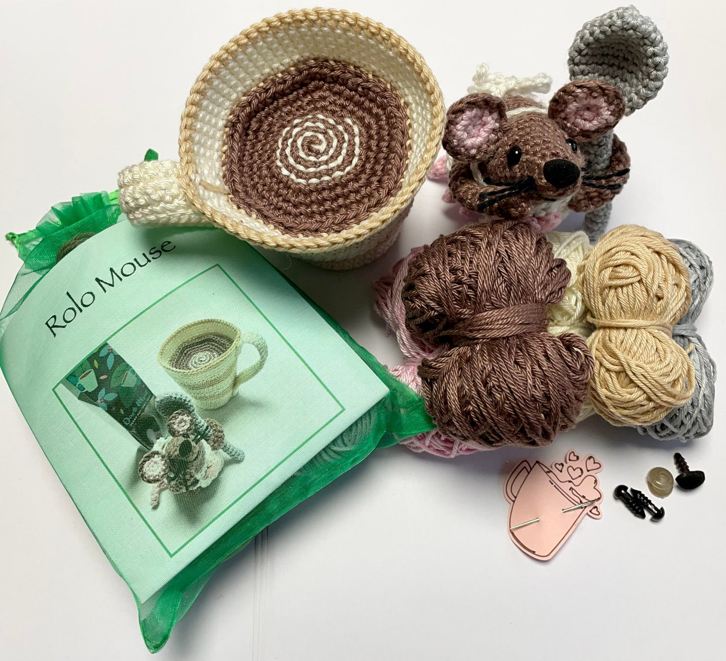 Rolo Mouse Crochet & Hot Chocolate Gift Set. Amigurumi Crochet Kit featuring Rolo, his Spoon, Mug of Hot Chocolate plus Gnaw Gift.