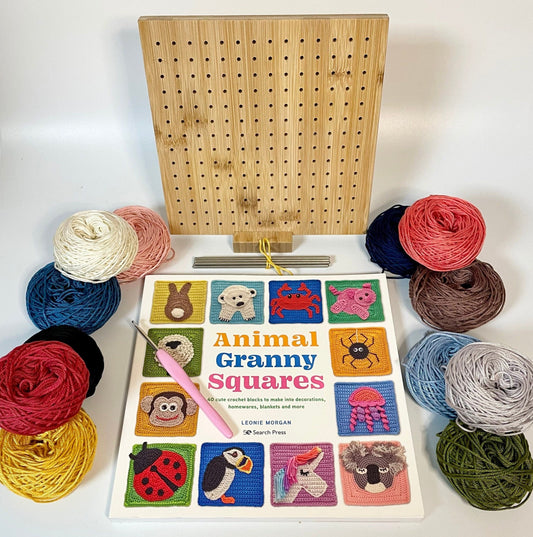 Crochet Granny Squares Animal Kit. Patterns for 40 Animal Squares, Blocking Board, 12 Balls of our Wonderful UK made Yarn & Crochet Hook