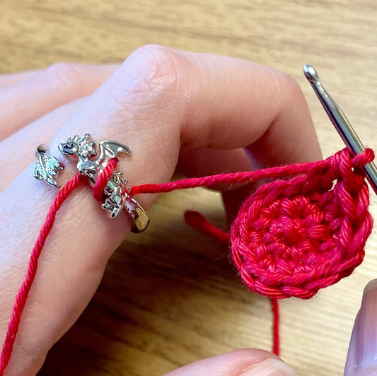 Baby Dragon Silver Plated Crochet Ring. Adjustable size for crochet tension and comfort with a secret message inside.