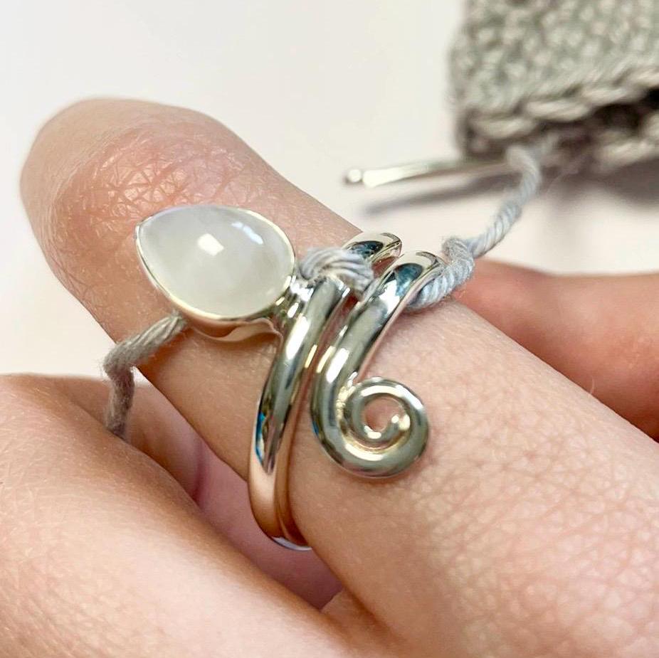 Handmade Teardrop Moonstone Sterling Silver Crochet Ring.  Adjustable for crochet tension and comfort. Handmade for Nautilus Crochet.