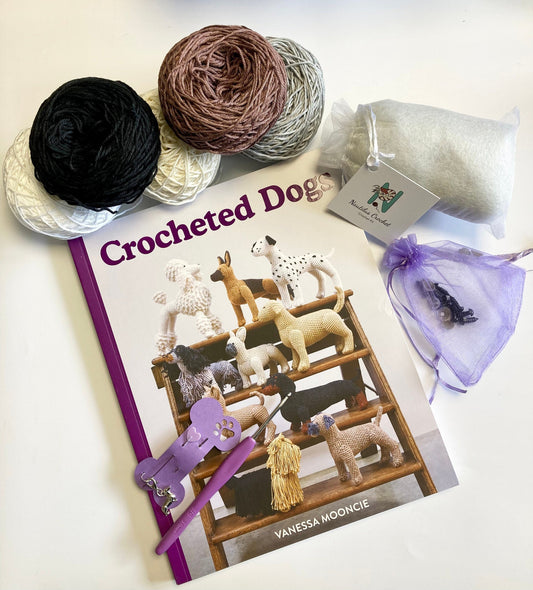 Dog Crochet Kit. Complete kit including Instruction Book of 10 Dog Breed Designs, Our Cotton Yarn, Crochet Hook & Dachshund Stitch Marker .