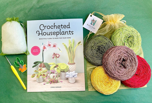 Crocheted Houseplants Kit. Book, Luxury British Yarn, Crochet Hook, Silver Plated Stitch Marker/Charm & Accessories.