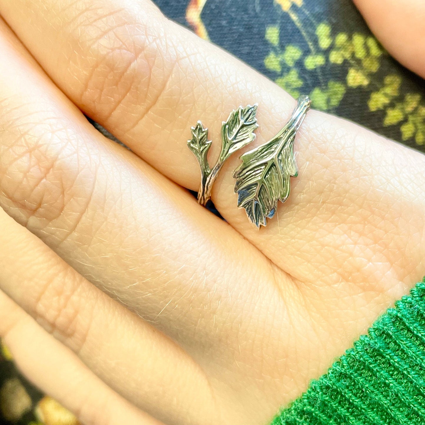 Leaf Crochet Ring. Handmade in Recycled Silver. Beautifully detailed leaves in a wrap cuff ring. Adjustable for crochet tension.