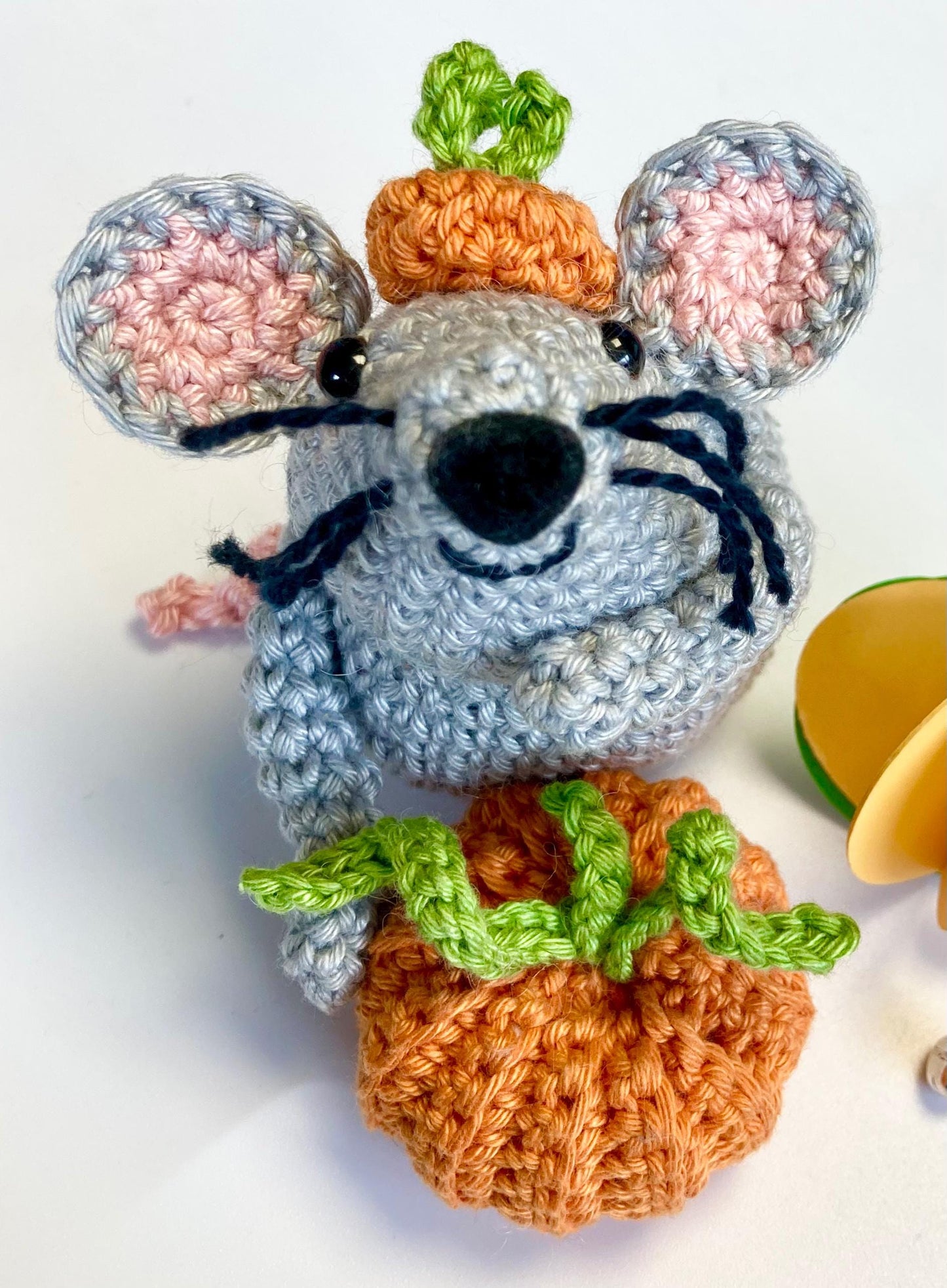 Halloween Mouse & Pumpkin Crochet Kit. Meet 'Tucker'! Complete Kit with luxury natural yarns, cute pumpkin stitch marker, accessories.