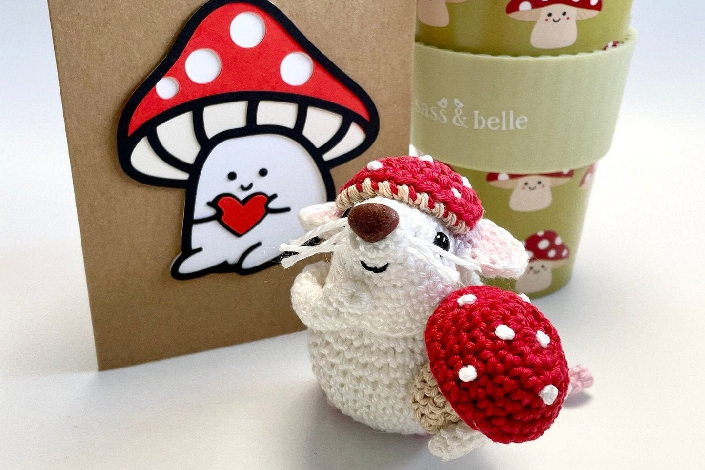 Boo, the Mushroom Mouse! Complete Amigurumi Crochet Kit for beginners up. Featuring luxury British yarns.