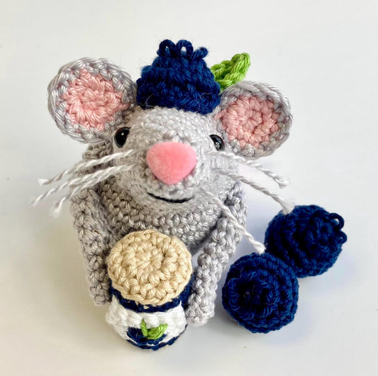 Bill, the Blueberry Mouse! Complete Amigurumi Crochet Kit with luxury natural yarn for beginners up. Featuring luxury British yarns.