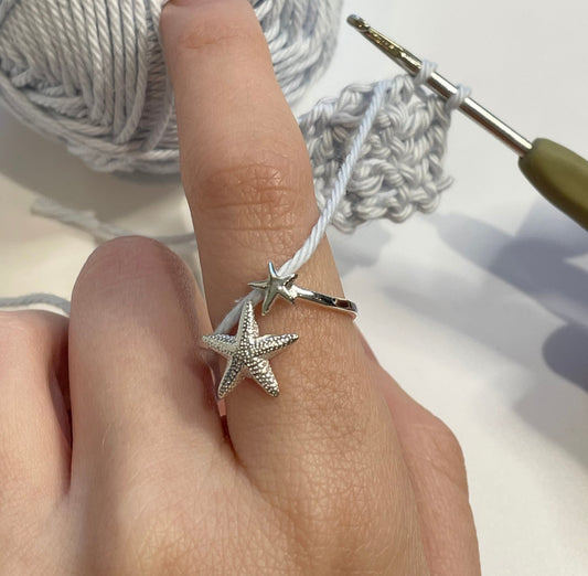 Handmade 'Starfish' Sterling Silver Crochet Ring. Adjustable for crochet tension and comfort. Handmade in Silver for Nautilus Crochet.