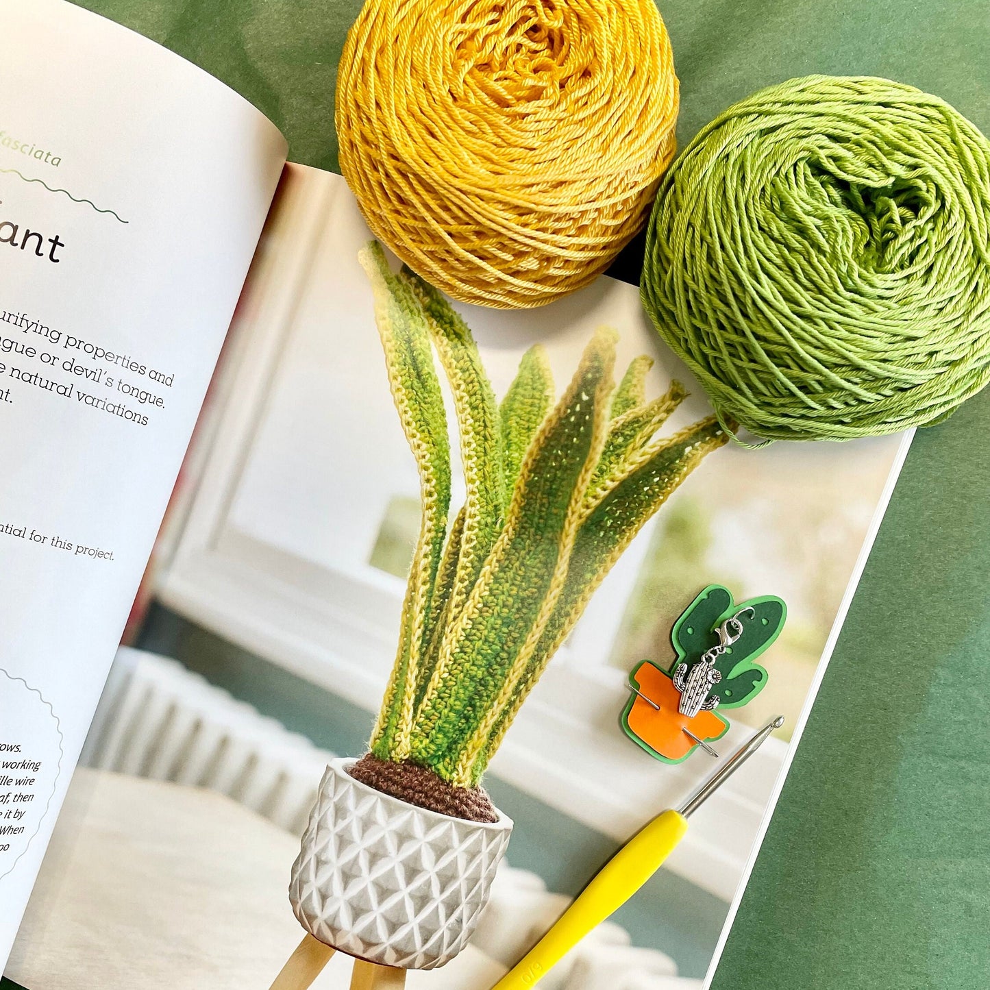 Crocheted Houseplants Kit. Book, Luxury British Yarn, Crochet Hook, Silver Plated Stitch Marker/Charm & Accessories.