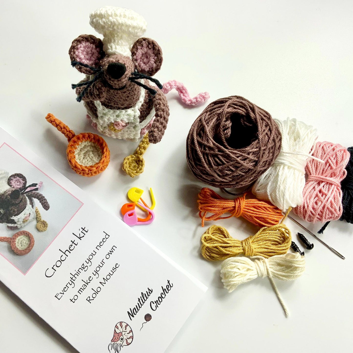 Rolo, The Chocolate Mouse!  Complete Amigurumi Crochet Kit with luxury natural yarn for beginners up.