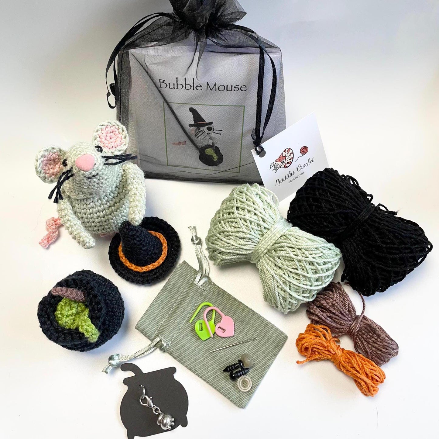 Witch Mouse Crochet Kit. Meet 'Bubble'! Complete Kit with luxury natural yarns, cute cauldron stitch marker & accessories.