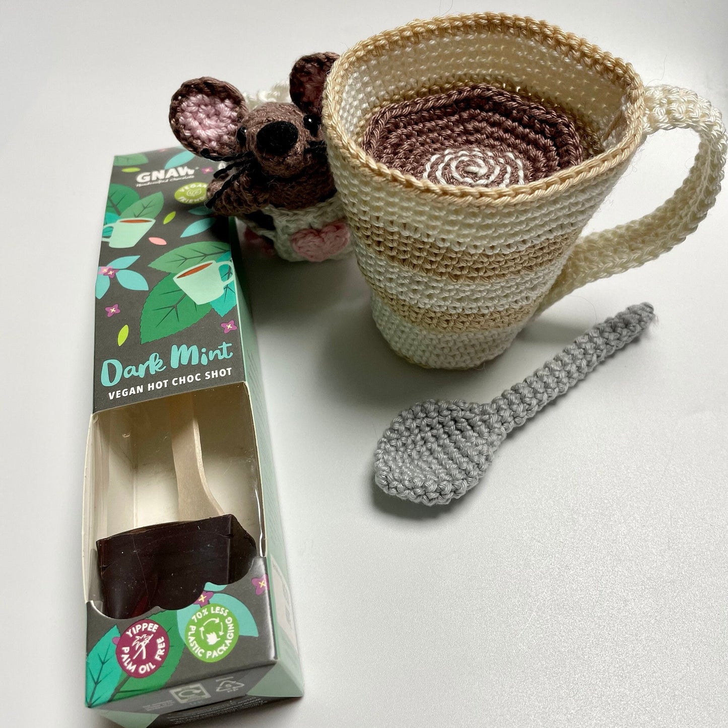 Rolo Mouse Crochet & Hot Chocolate Gift Set. Amigurumi Crochet Kit featuring Rolo, his Spoon, Mug of Hot Chocolate plus Gnaw Gift.