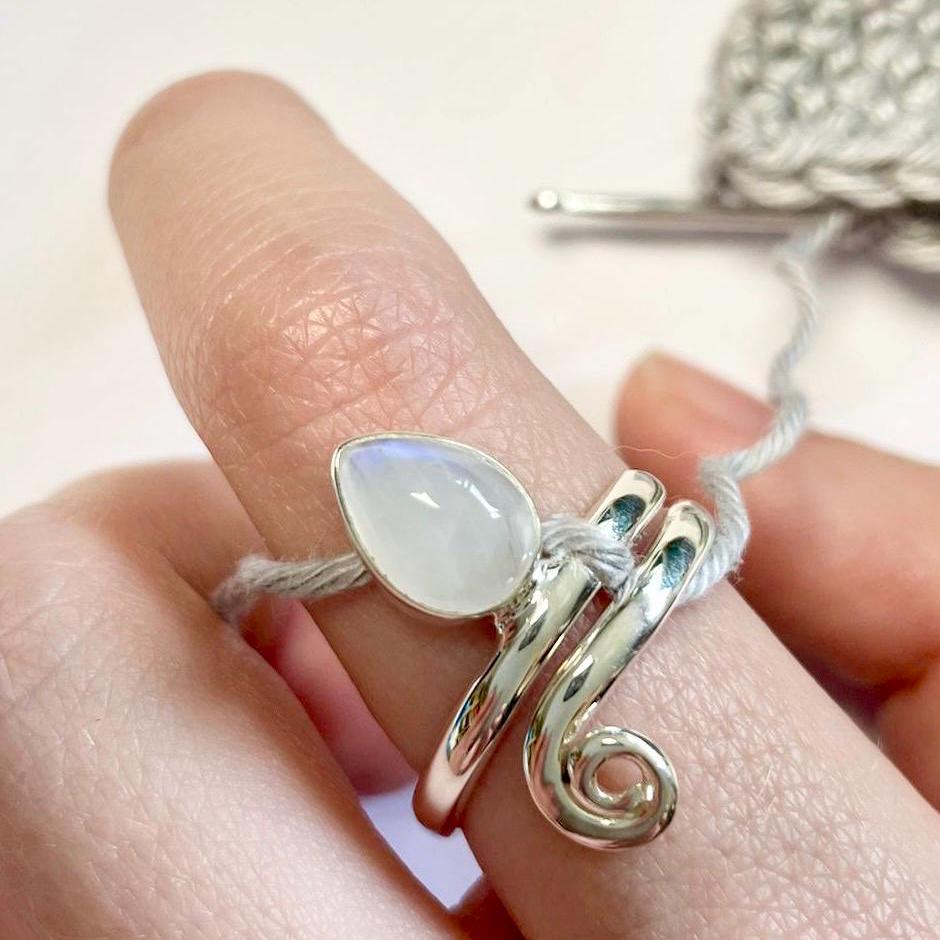 Handmade Teardrop Moonstone Sterling Silver Crochet Ring.  Adjustable for crochet tension and comfort. Handmade for Nautilus Crochet.