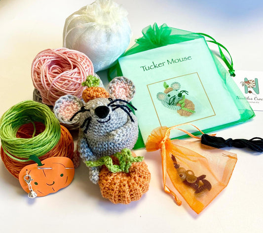 Halloween Mouse & Pumpkin Crochet Kit. Meet 'Tucker'! Complete Kit with luxury natural yarns, cute pumpkin stitch marker, accessories.