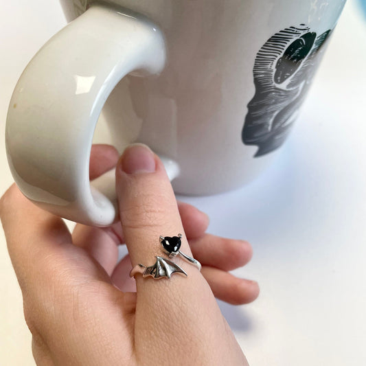 Demon Crochet Ring. The cutest little Demon ring in 925 Sterling Silver with Black Zircon Heart. Perfect for Halloween Gifting!