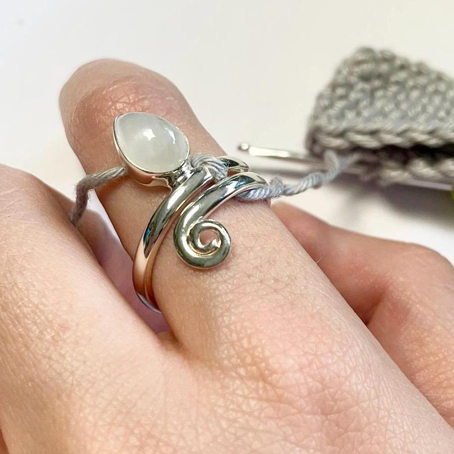 Handmade Teardrop Moonstone Sterling Silver Crochet Ring.  Adjustable for crochet tension and comfort. Handmade for Nautilus Crochet.