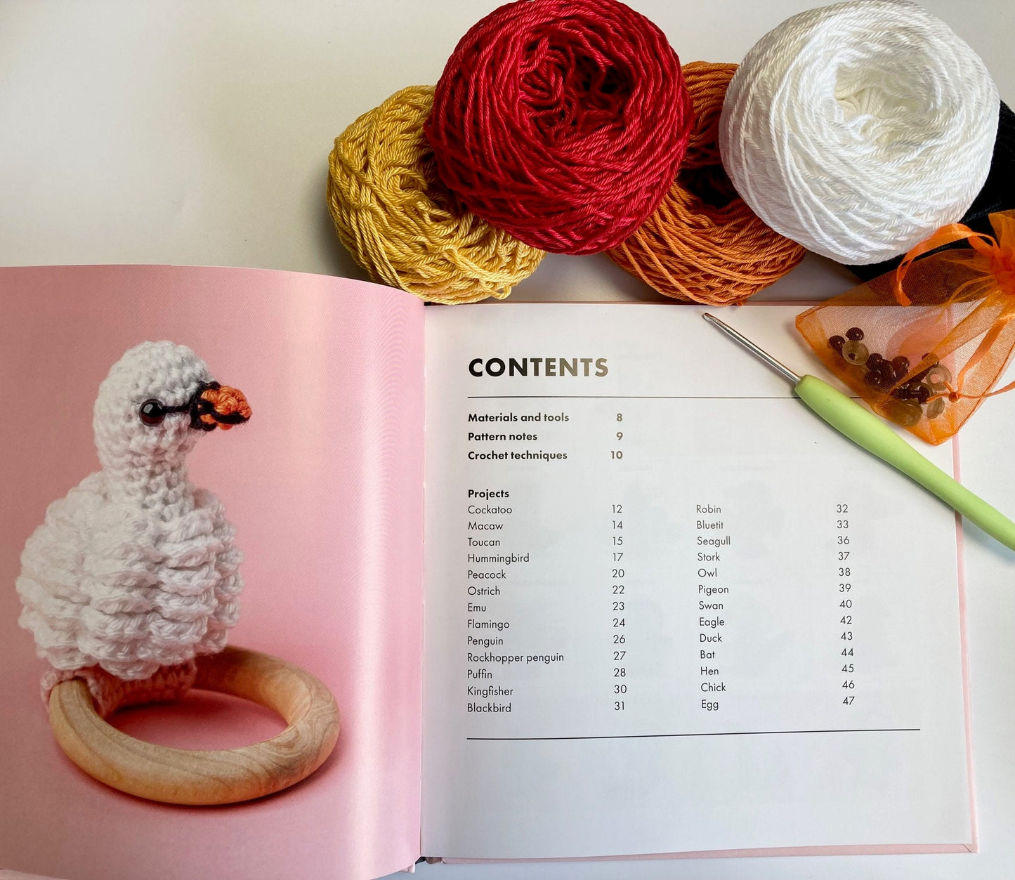 Crocheted Birds Kit. Book, luxury yarn, crochet hook, nest stitch marker & accessories. Make the most adorable little bird buddies!