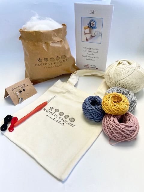 Cliff the Seagull. Complete Eco Crochet Kit. Luxury Yarns, Tote, Step by Step Instructions, Hook, Silver Stitch Marker & more!