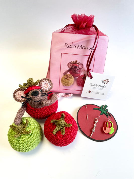 Rollo, Tomato Mouse! Complete Amigurumi Crochet Kit for beginners up. Featuring luxury British yarns.