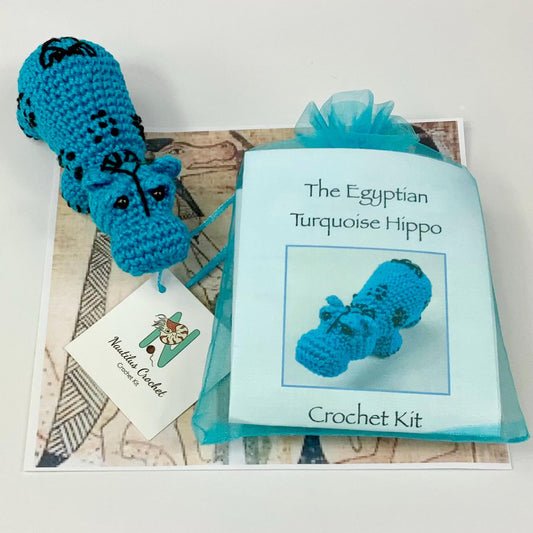 Egyptian Turquoise Hippo Amigurumi Crochet Kit. Complete Kit with luxury British Yarns. Designed for The British Museum.