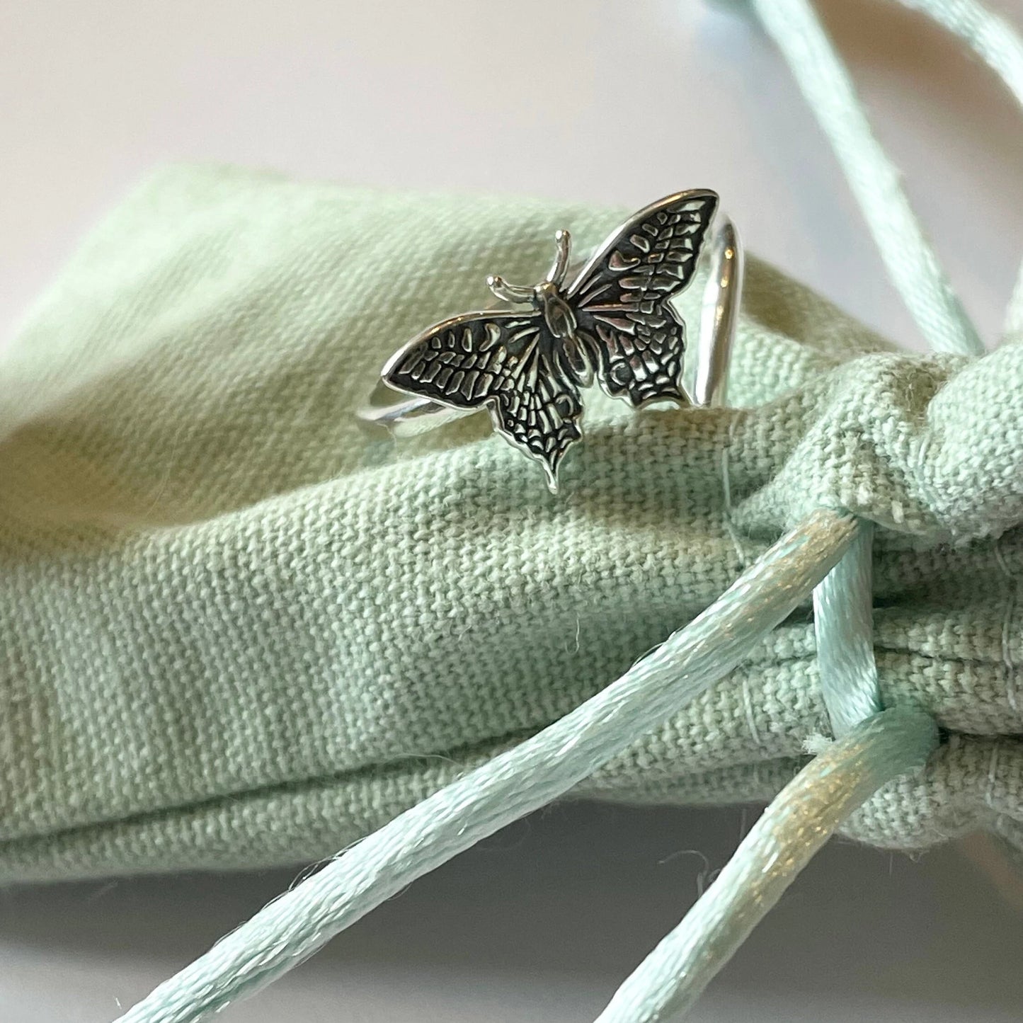 Butterfly Sterling Silver Crochet Ring. Adjustable size for crochet tension and comfort.  Painted Lady Butterfly Silver Ring.