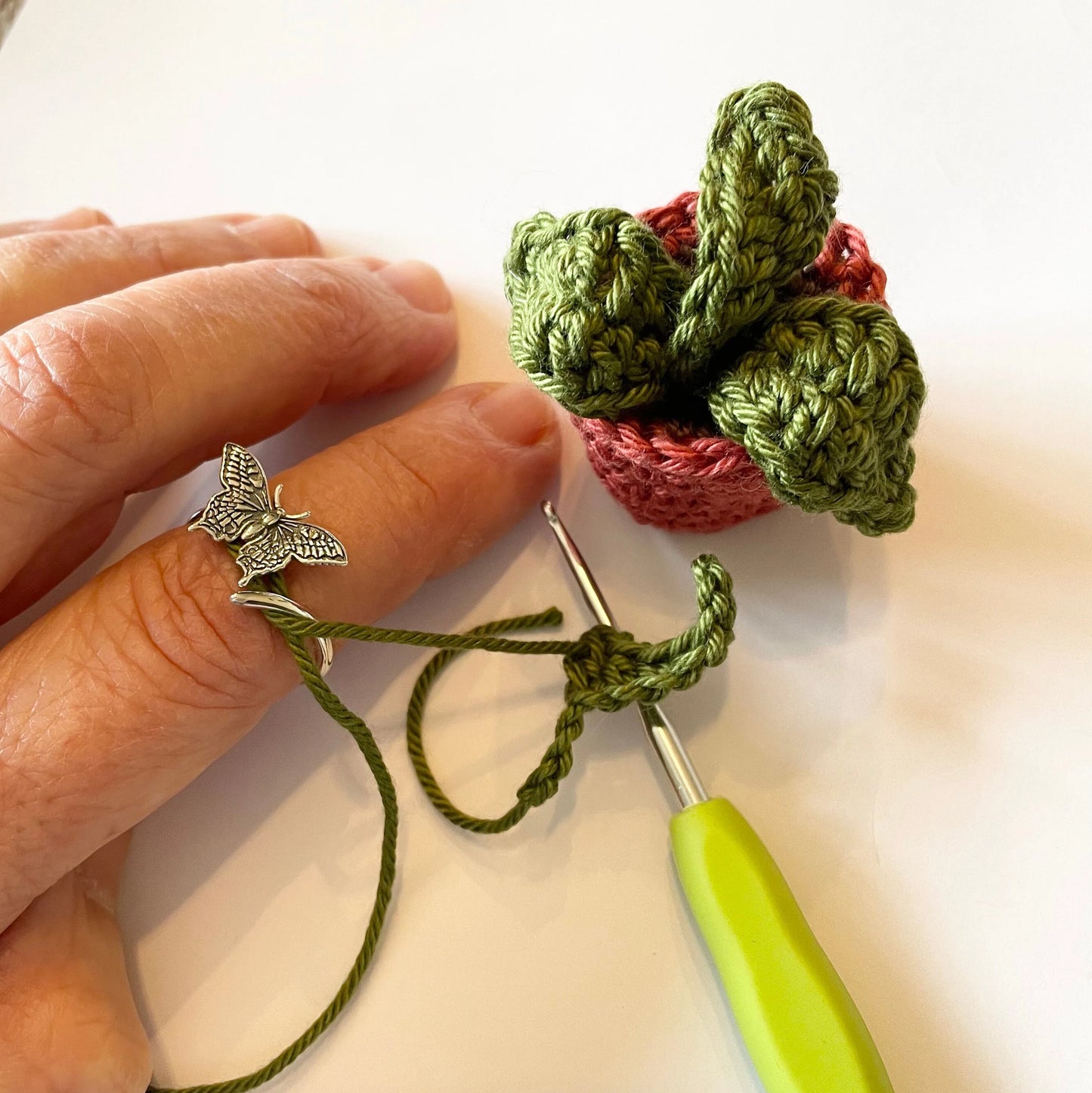 Butterfly Sterling Silver Crochet Ring. Adjustable size for crochet tension and comfort.  Painted Lady Butterfly Silver Ring.