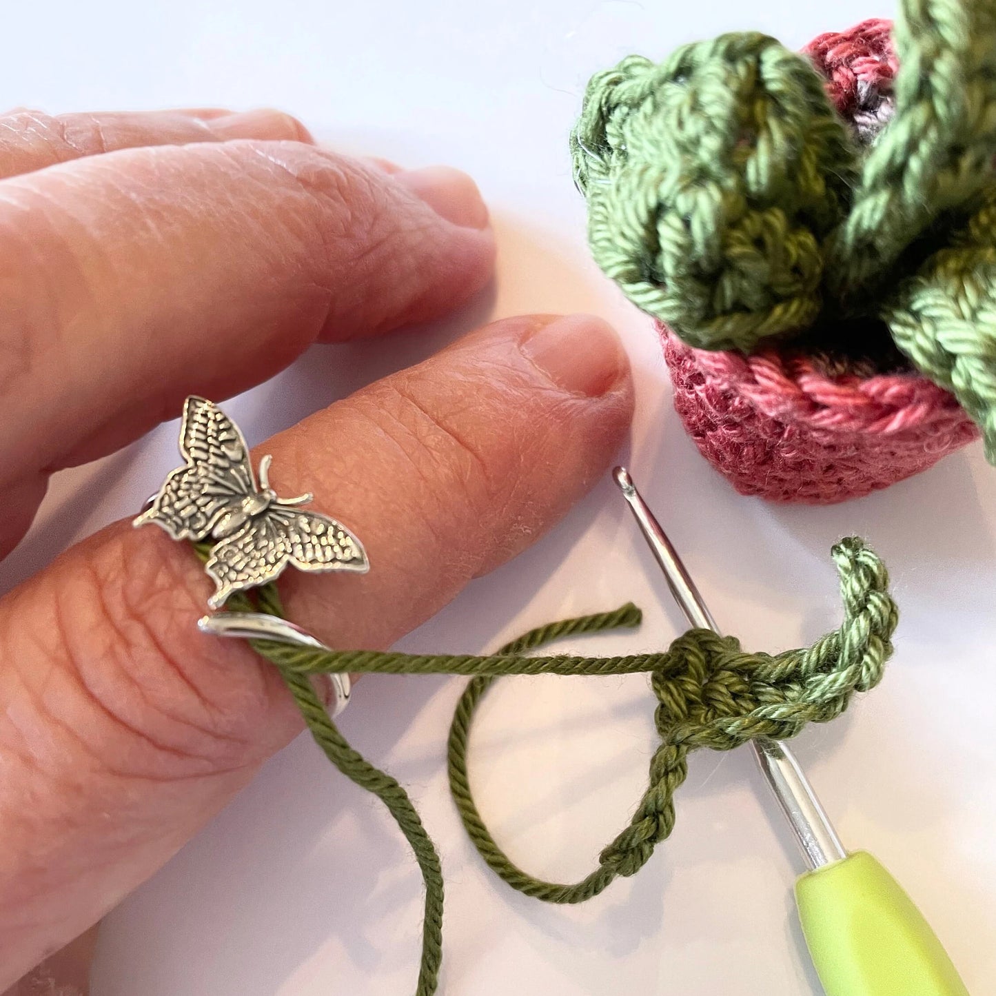 Butterfly Sterling Silver Crochet Ring. Adjustable size for crochet tension and comfort.  Painted Lady Butterfly Silver Ring.