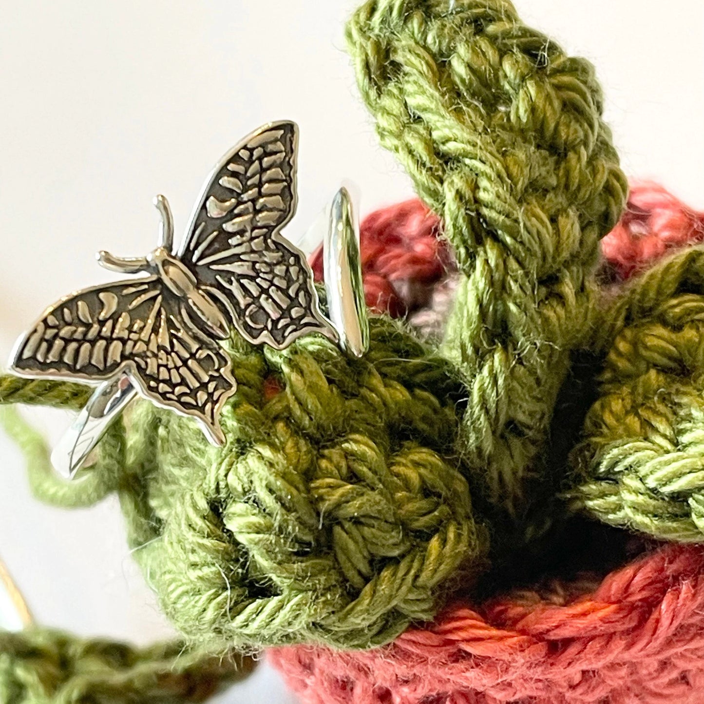 Butterfly Sterling Silver Crochet Ring. Adjustable size for crochet tension and comfort.  Painted Lady Butterfly Silver Ring.