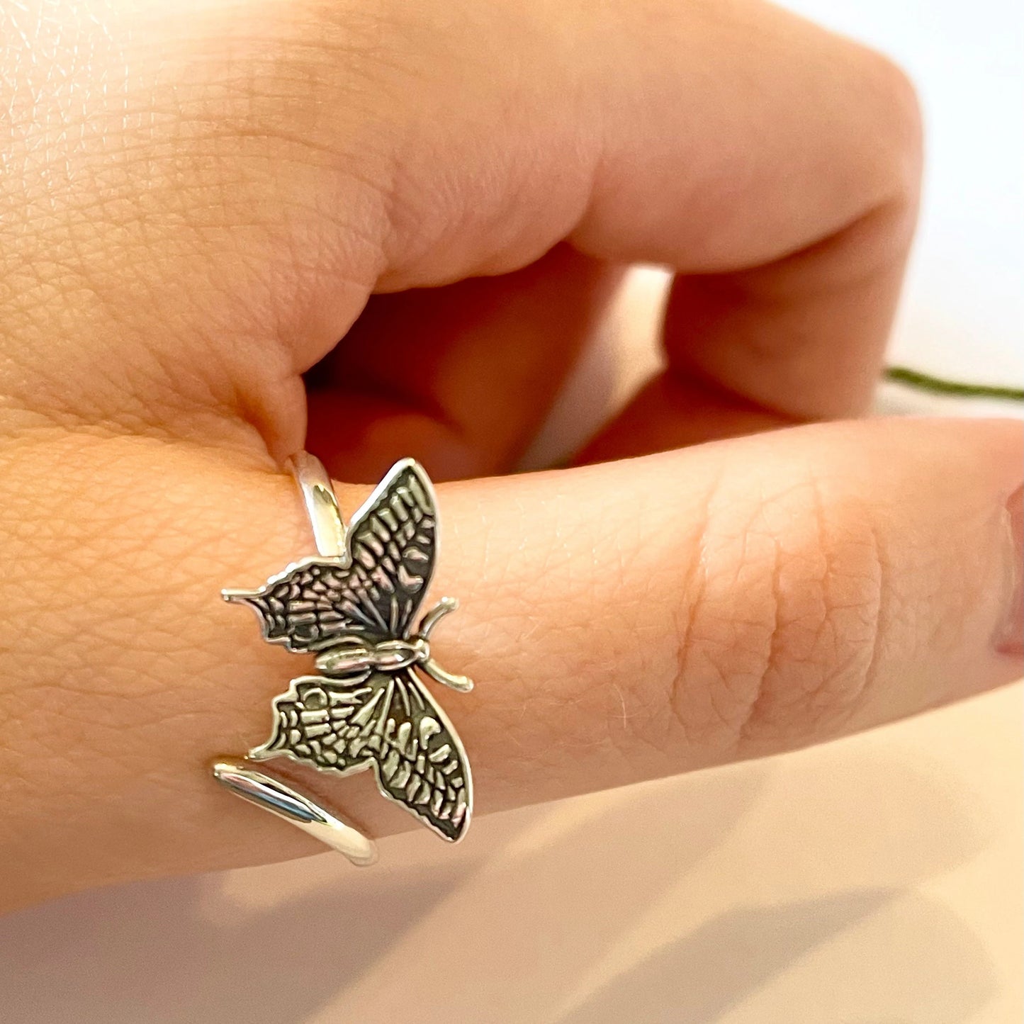 Butterfly Sterling Silver Crochet Ring. Adjustable size for crochet tension and comfort.  Painted Lady Butterfly Silver Ring.