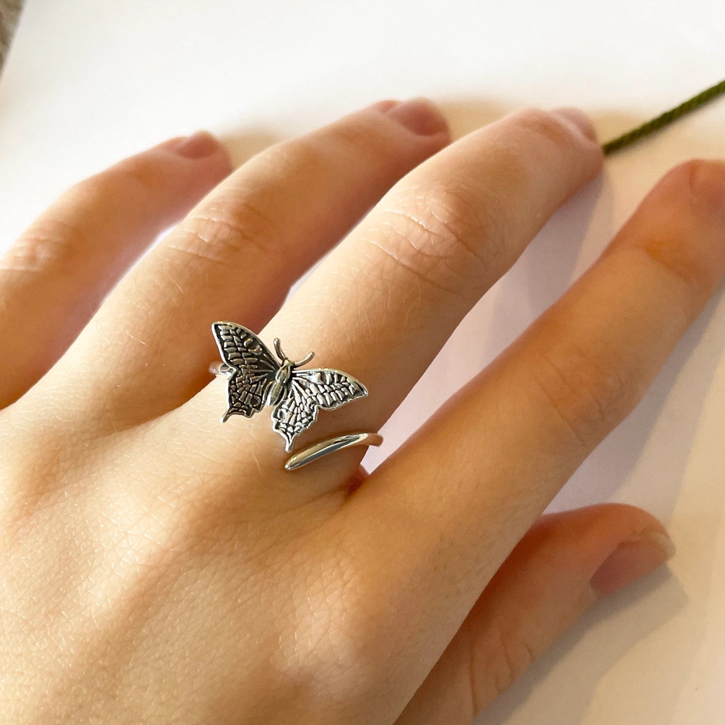 Butterfly Sterling Silver Crochet Ring. Adjustable size for crochet tension and comfort.  Painted Lady Butterfly Silver Ring.