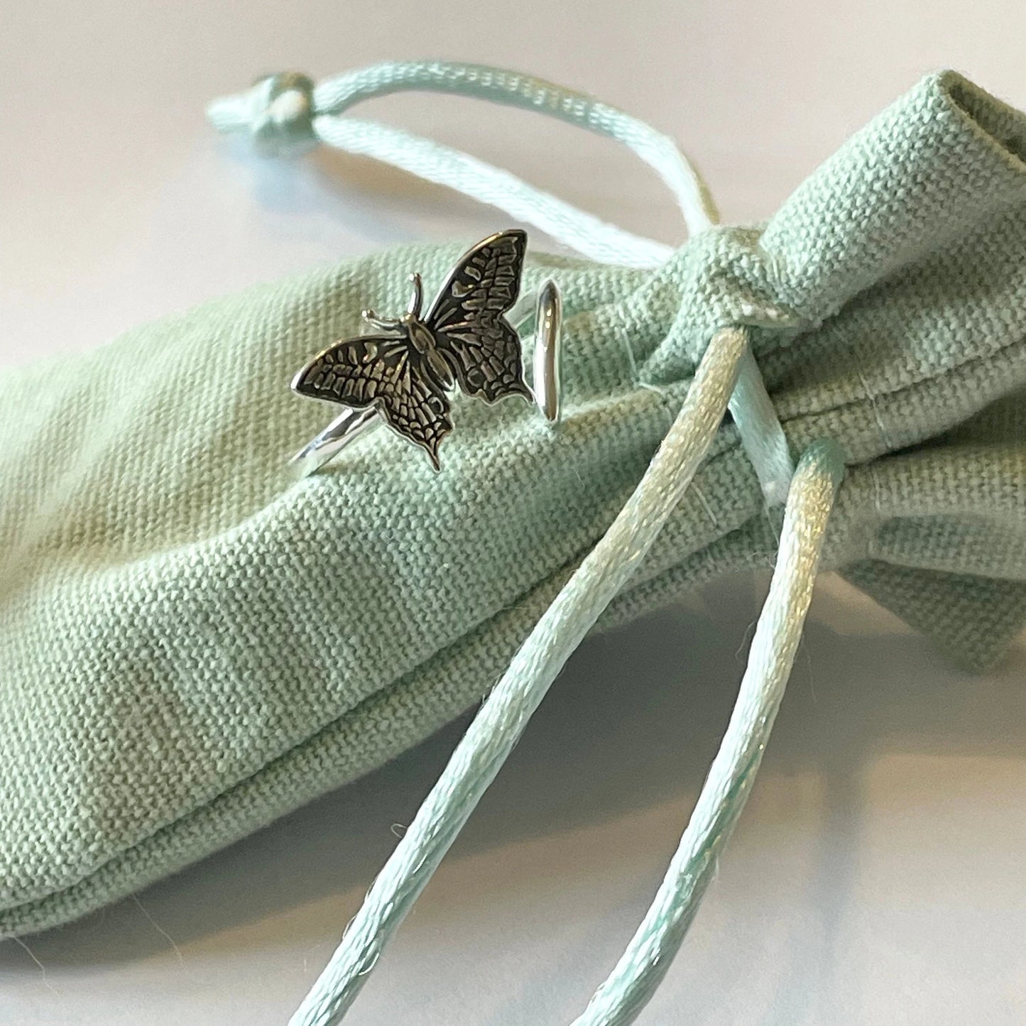 Butterfly Sterling Silver Crochet Ring. Adjustable size for crochet tension and comfort.  Painted Lady Butterfly Silver Ring.