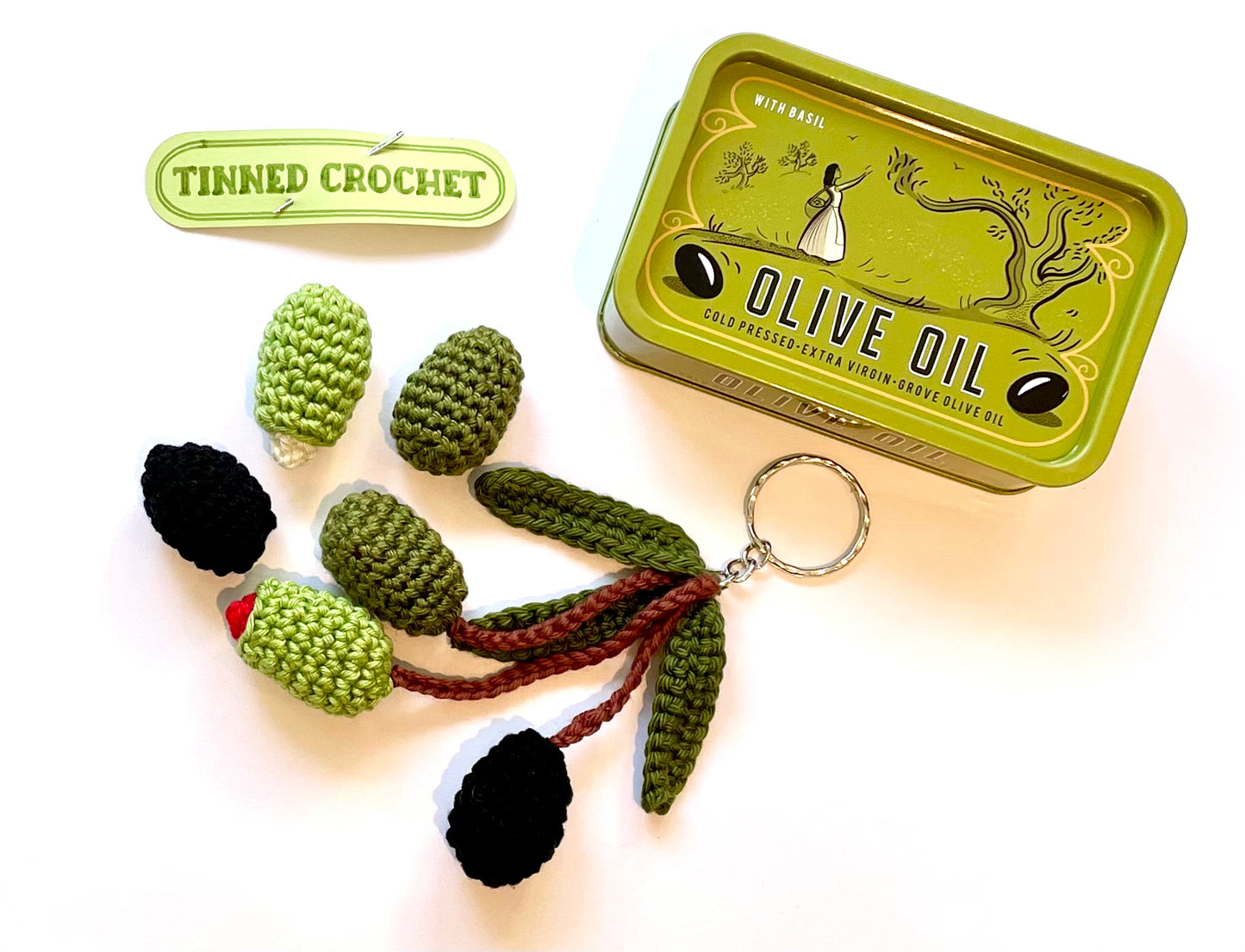 Olives Crochet in a Tin. Complete Crochet kit.