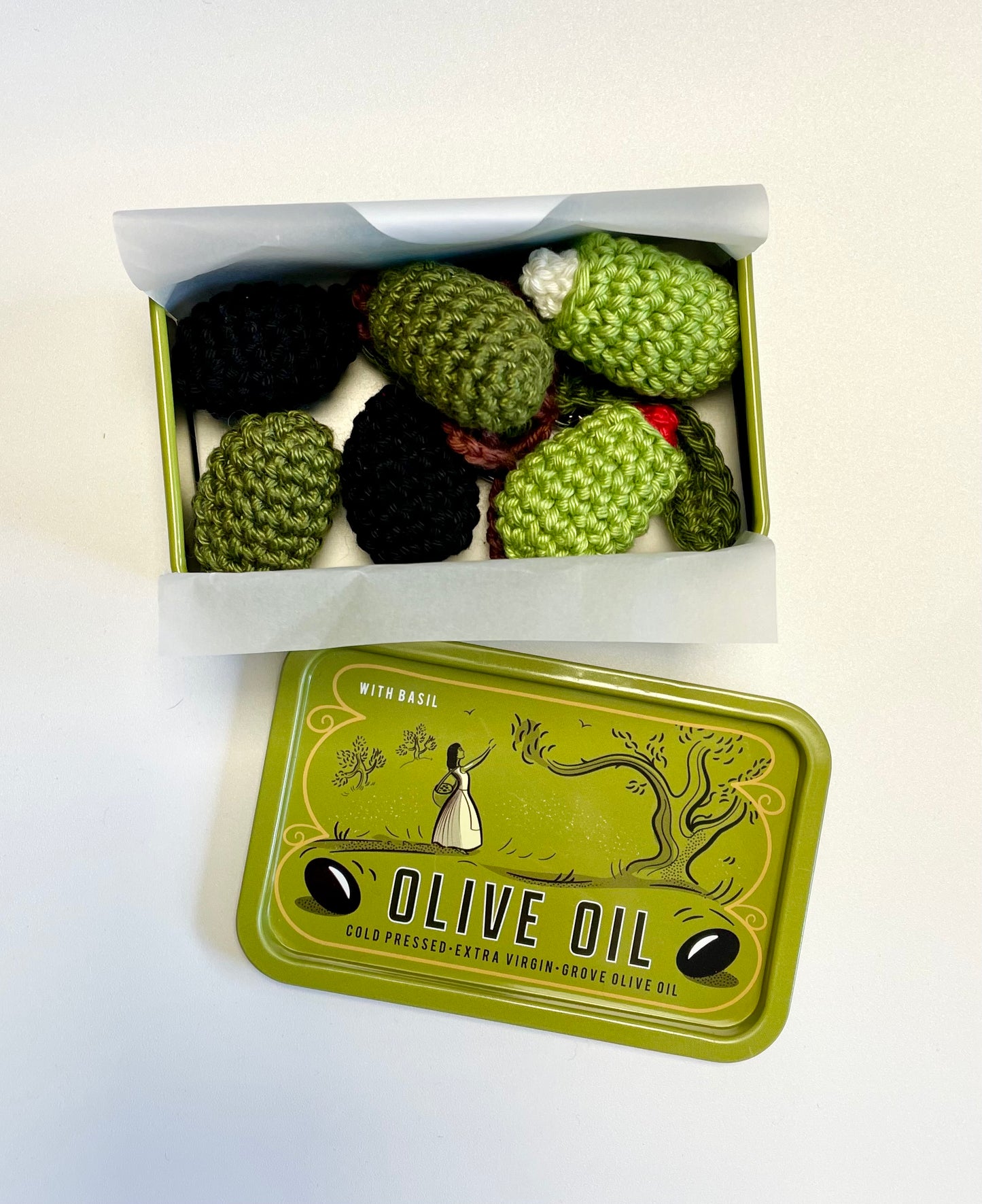 Olives Crochet in a Tin. Complete Crochet kit.