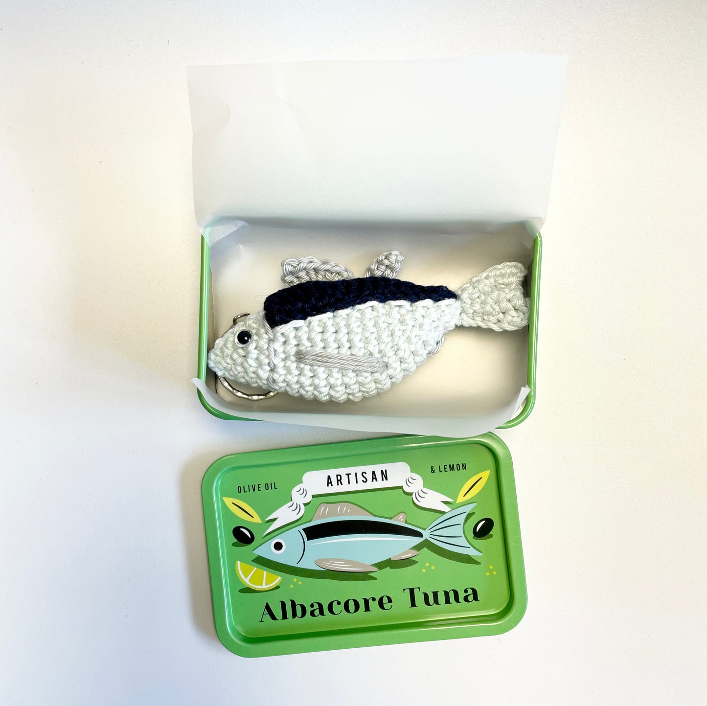 Tuna Crochet in a Tin. Complete Crochet kit. Bougie Tinned Fish.