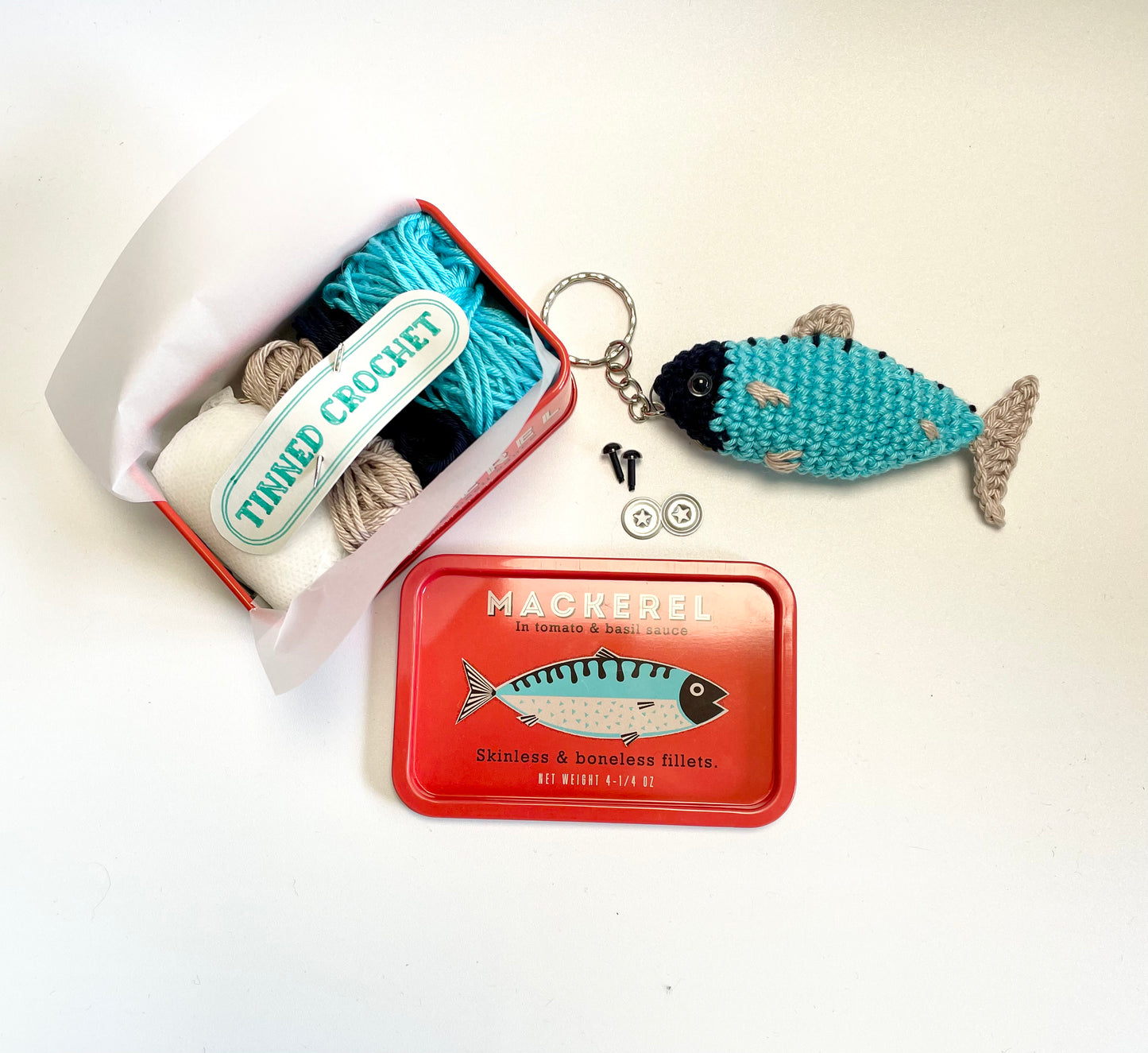 Mackerel Crochet in a Tin. Complete Crochet kit. Bougie Tinned Fish.