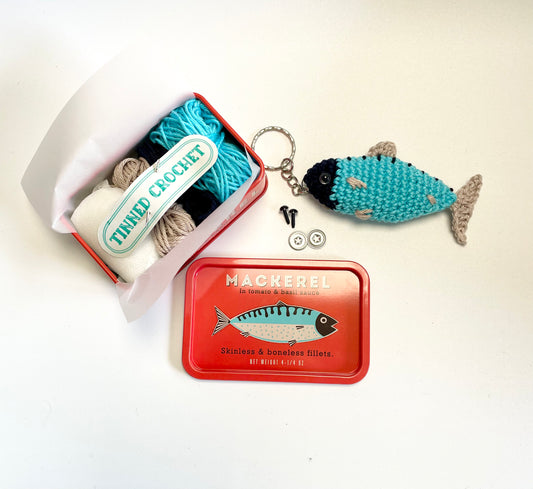 Mackerel Crochet in a Tin. Complete Crochet kit. Bougie Tinned Fish.