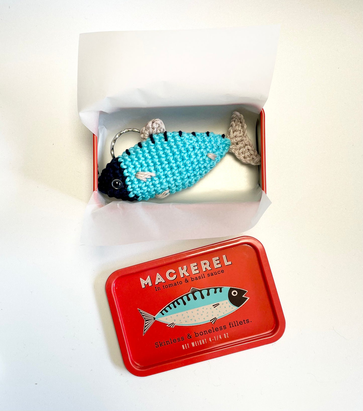 Mackerel Crochet in a Tin. Complete Crochet kit. Bougie Tinned Fish.