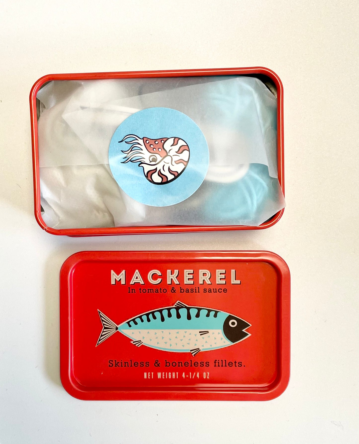 Mackerel Crochet in a Tin. Complete Crochet kit. Bougie Tinned Fish.