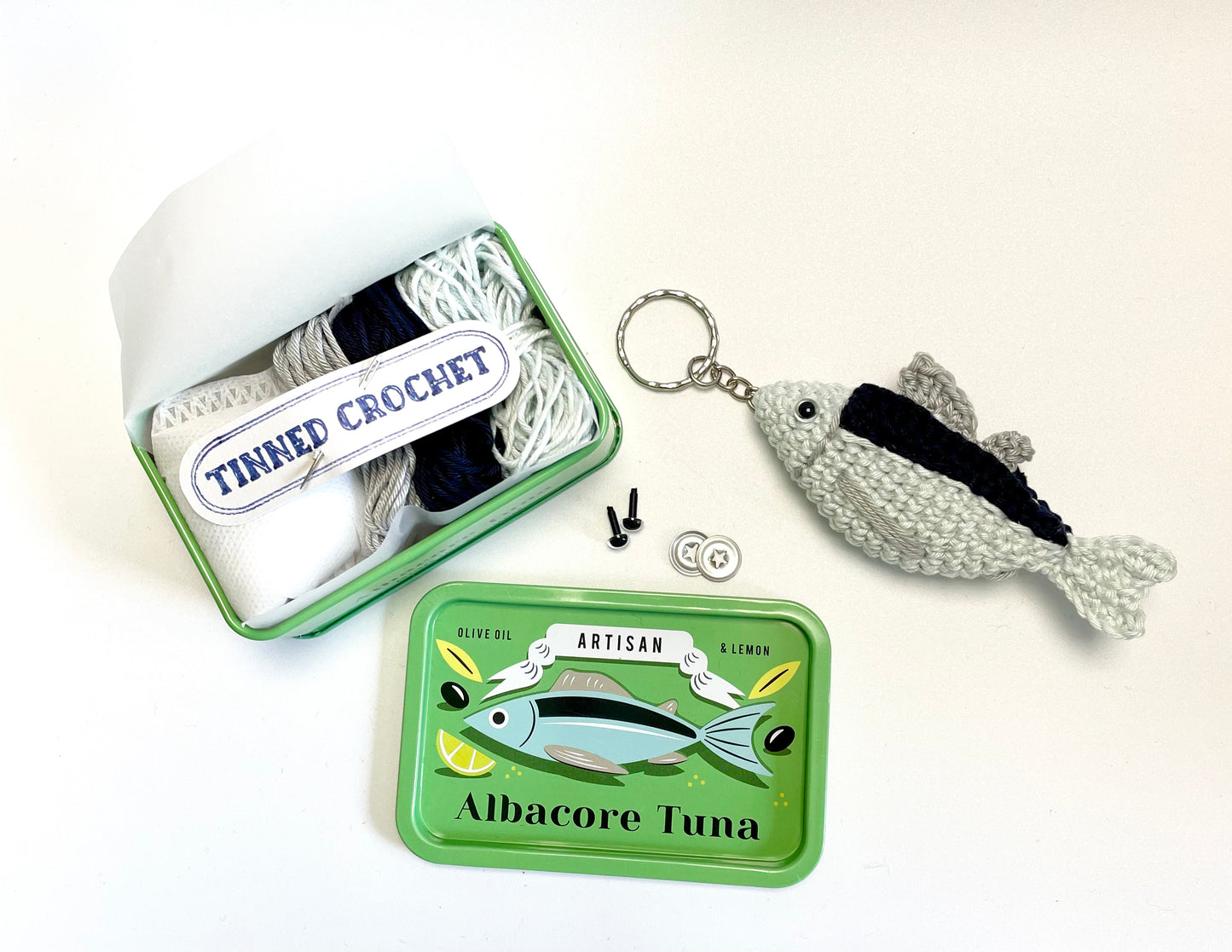 Tuna Crochet in a Tin. Complete Crochet kit. Bougie Tinned Fish.