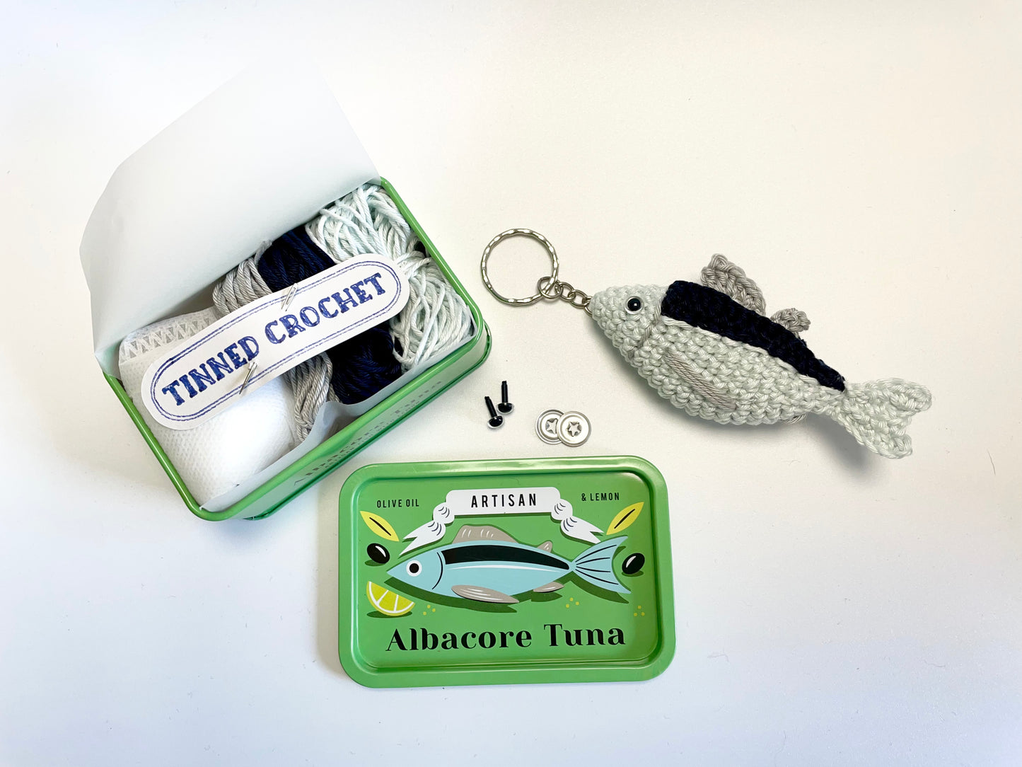 Tuna Crochet in a Tin. Complete Crochet kit. Bougie Tinned Fish.