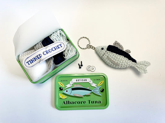 Tuna Crochet in a Tin. Complete Crochet kit. Bougie Tinned Fish.