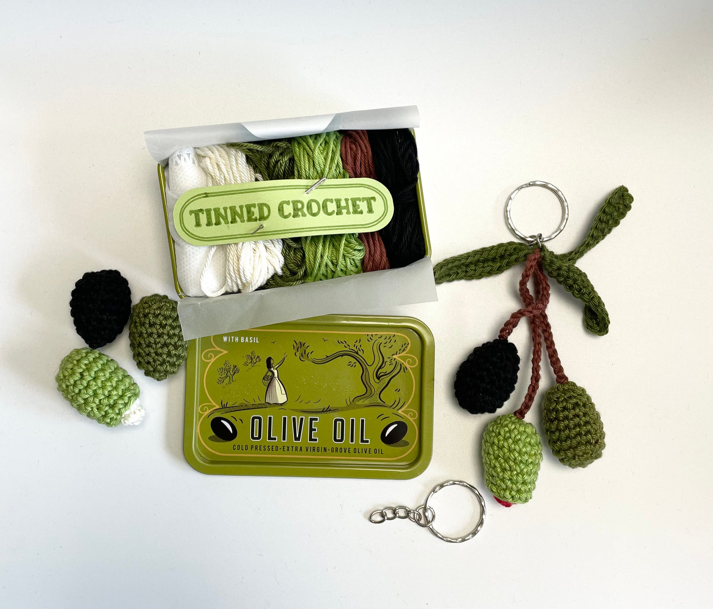 Olives Crochet in a Tin. Complete Crochet kit.