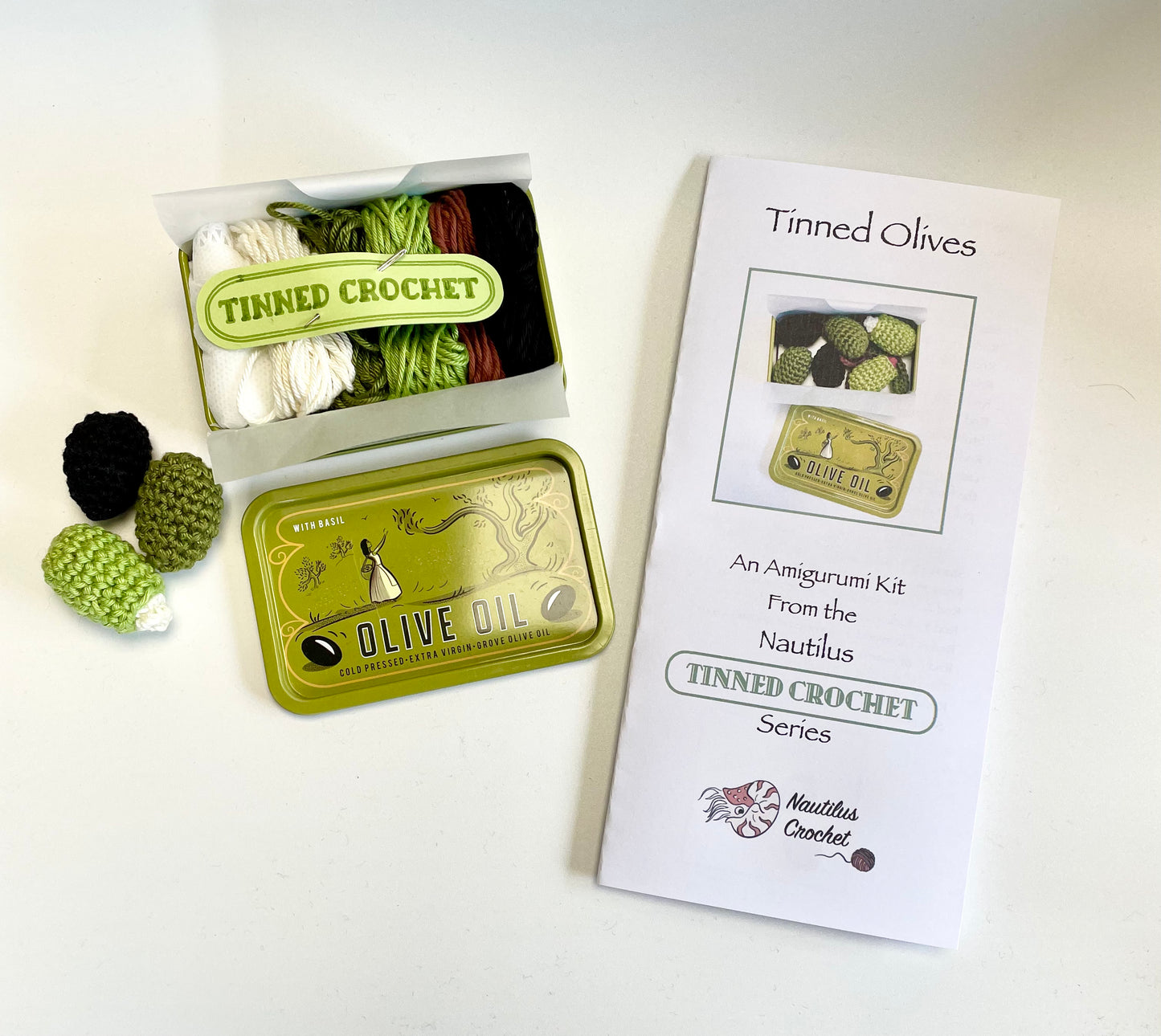 Olives Crochet in a Tin. Complete Crochet kit.
