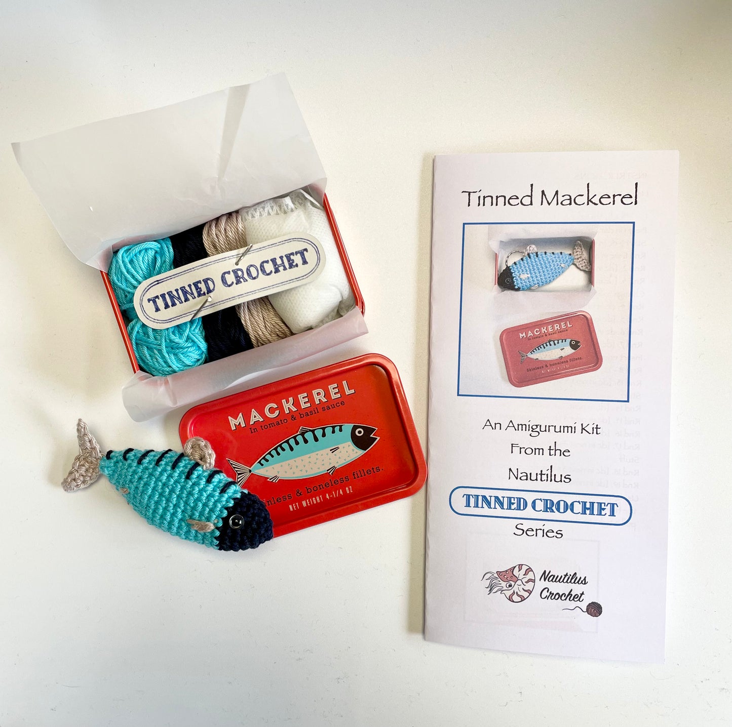 Mackerel Crochet in a Tin. Complete Crochet kit. Bougie Tinned Fish.