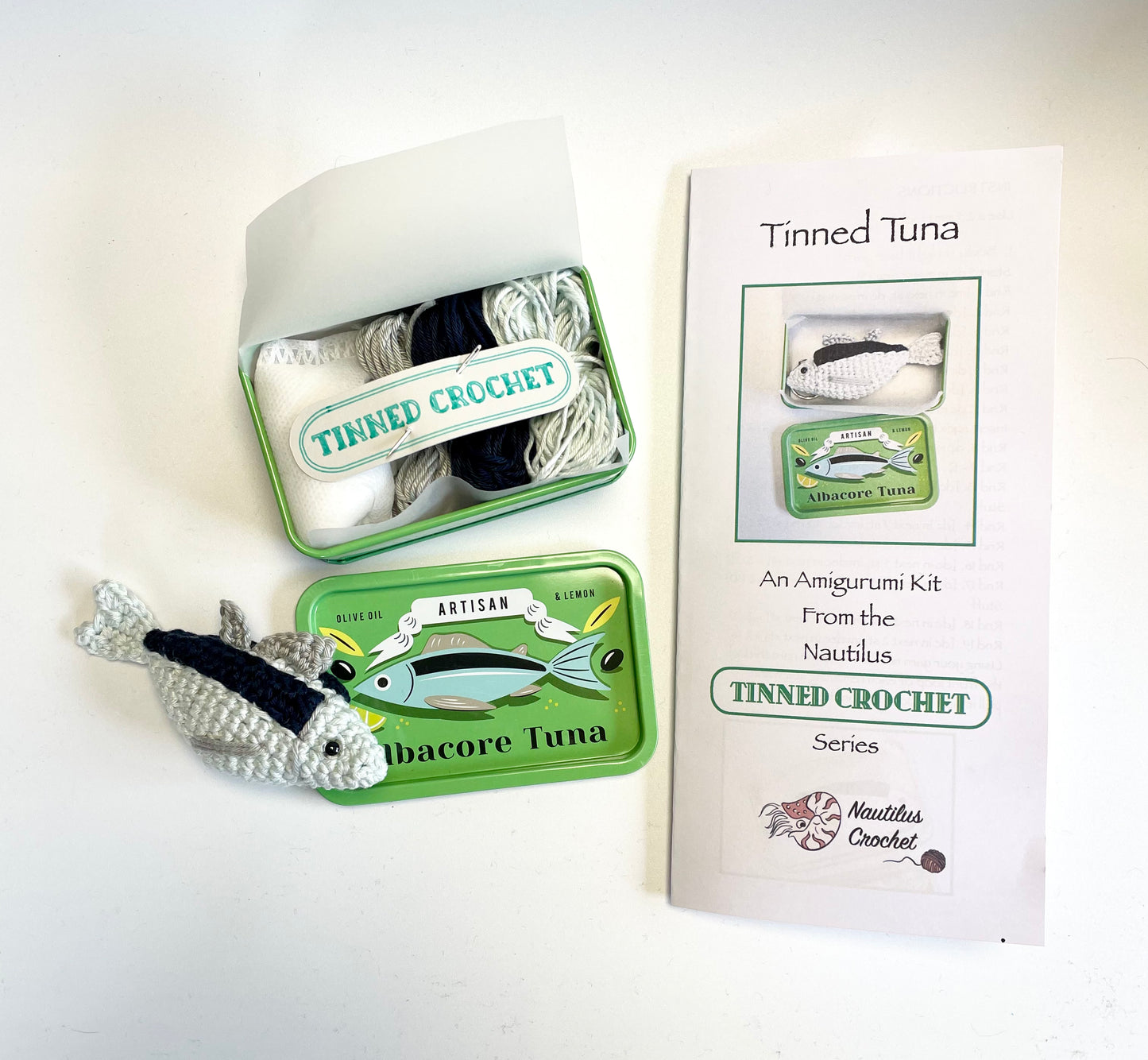 Tuna Crochet in a Tin. Complete Crochet kit. Bougie Tinned Fish.