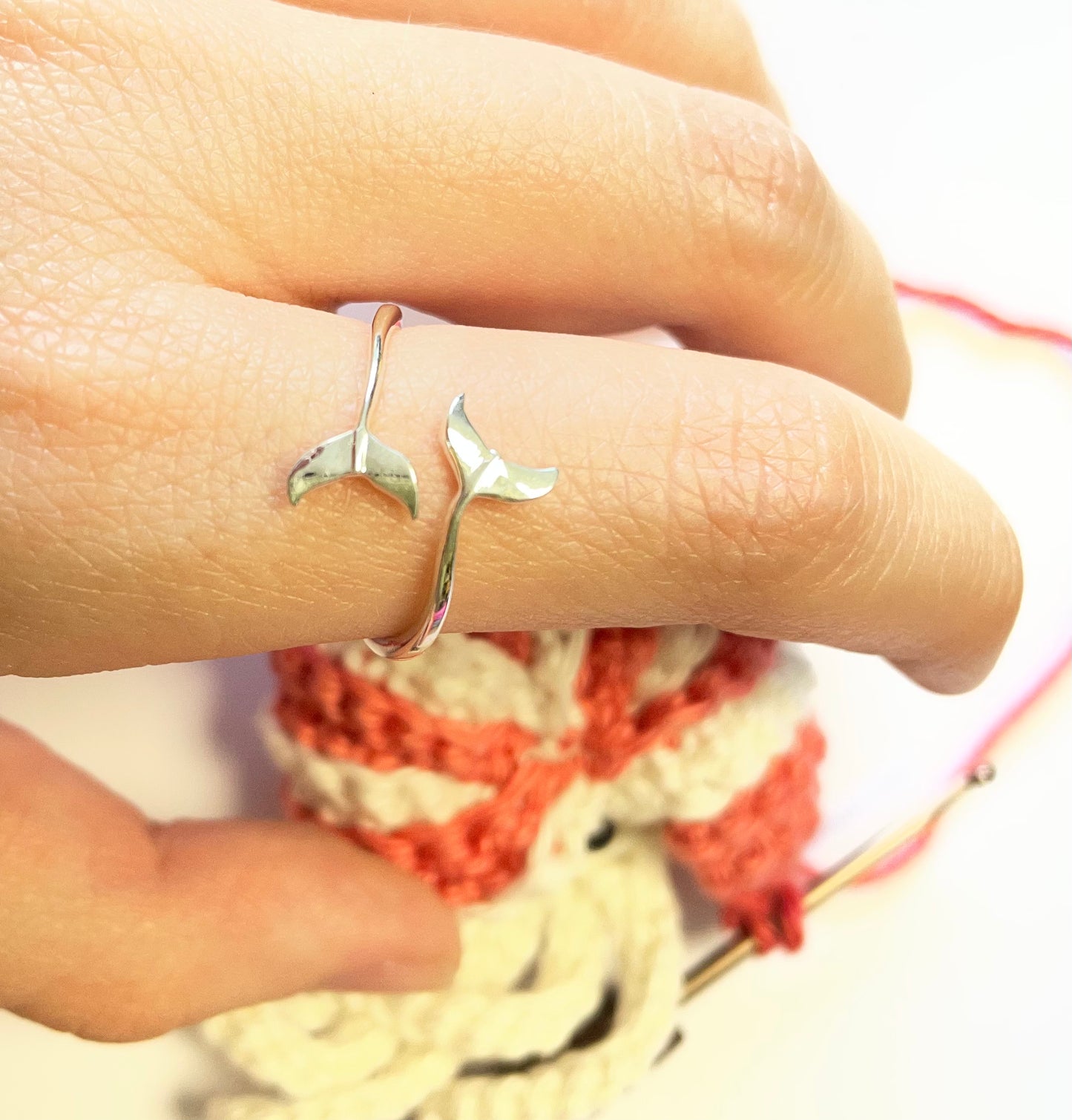 Handmade 'Whale Tail' Sterling Silver Crochet Ring.  Adjustable for crochet tension and comfort.